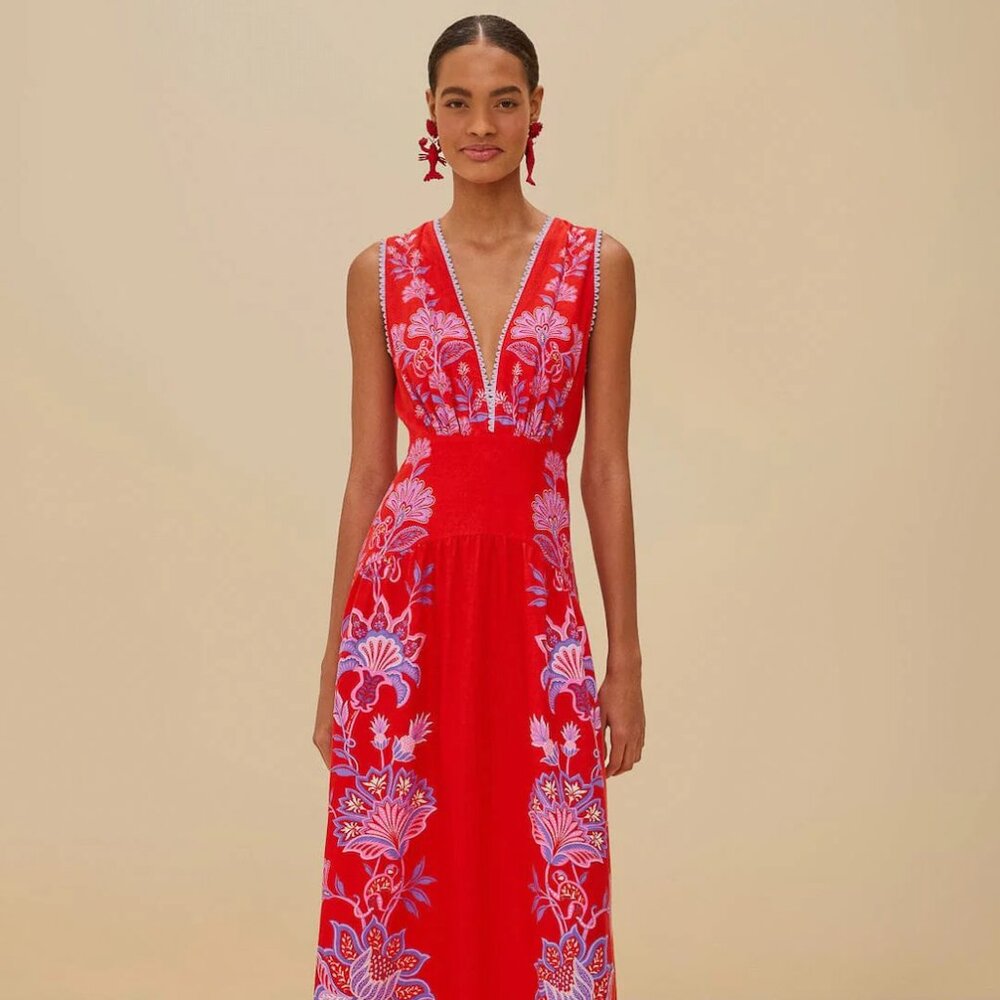 NWT Farm Rio Porcelain Garden Red Linen A-Line Midi Dress Size M